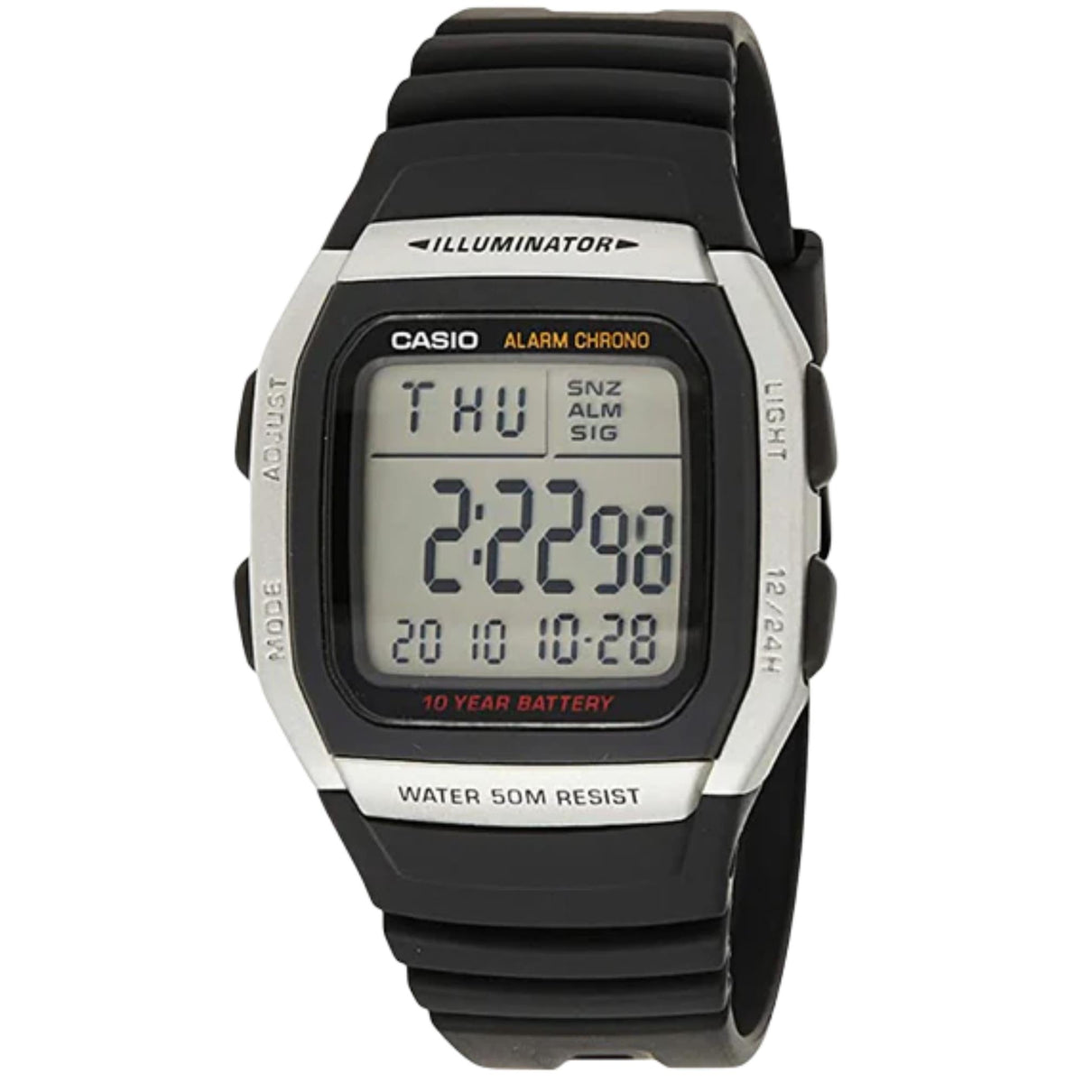 Front view of Casio Collection digital mens watch W-96H-1AVES with 35.5mm dial and resin strap