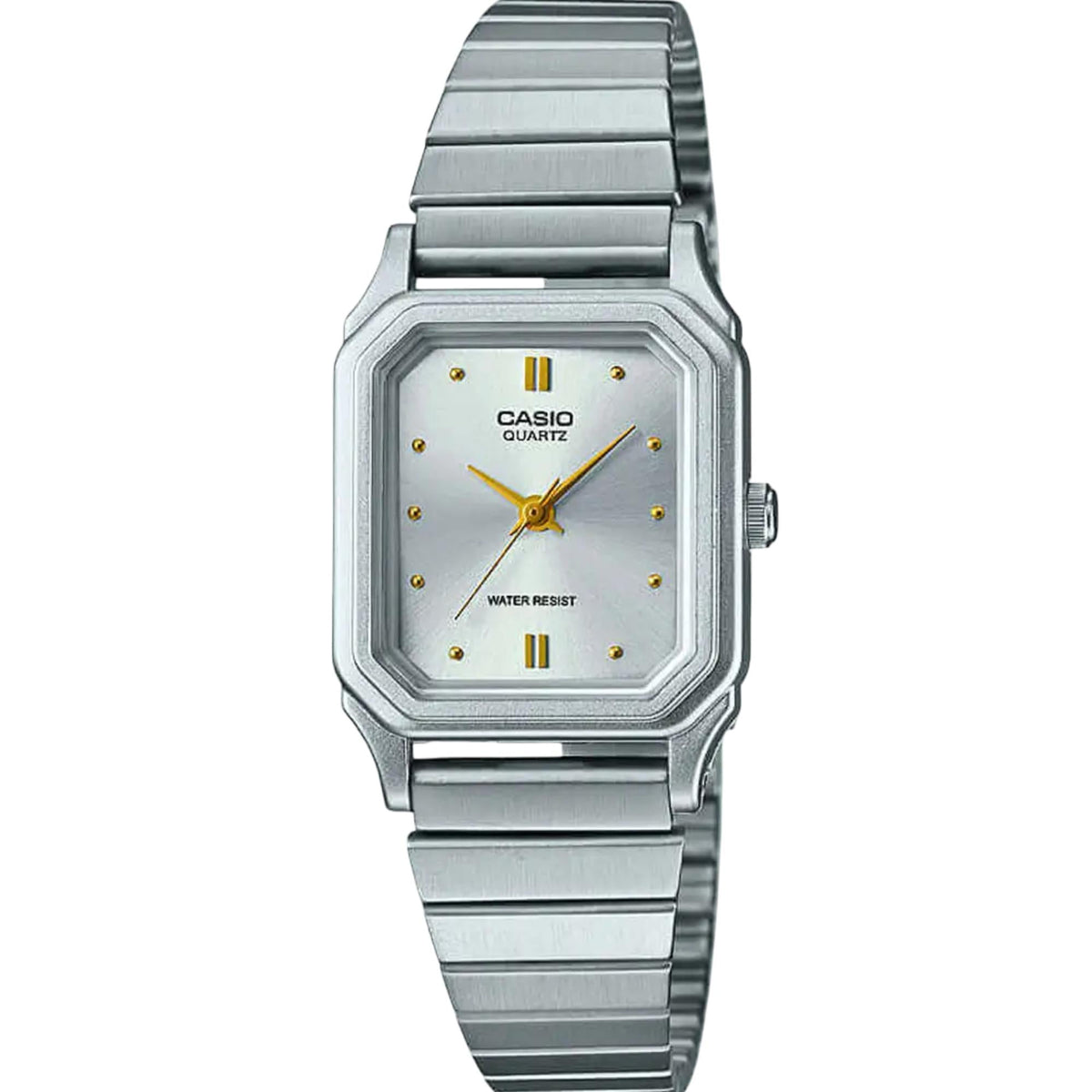 Rectangular gold dial women's stainless steel quartz watch on silver link bracelet