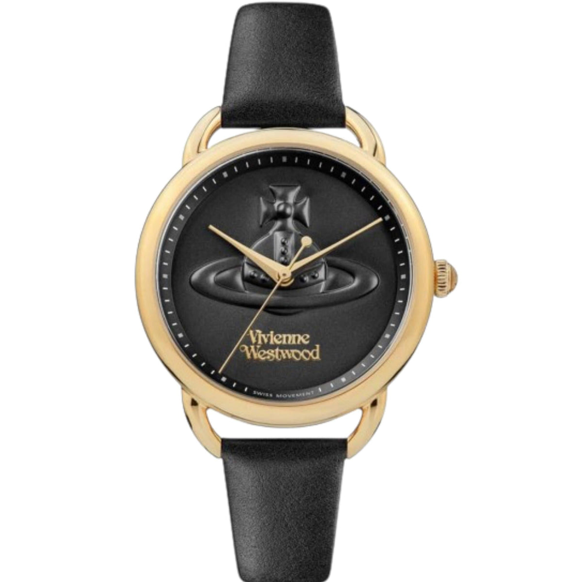 Front view ladies leather strap watch with black dial, gold-tone case, and Vivienne Westwood logo