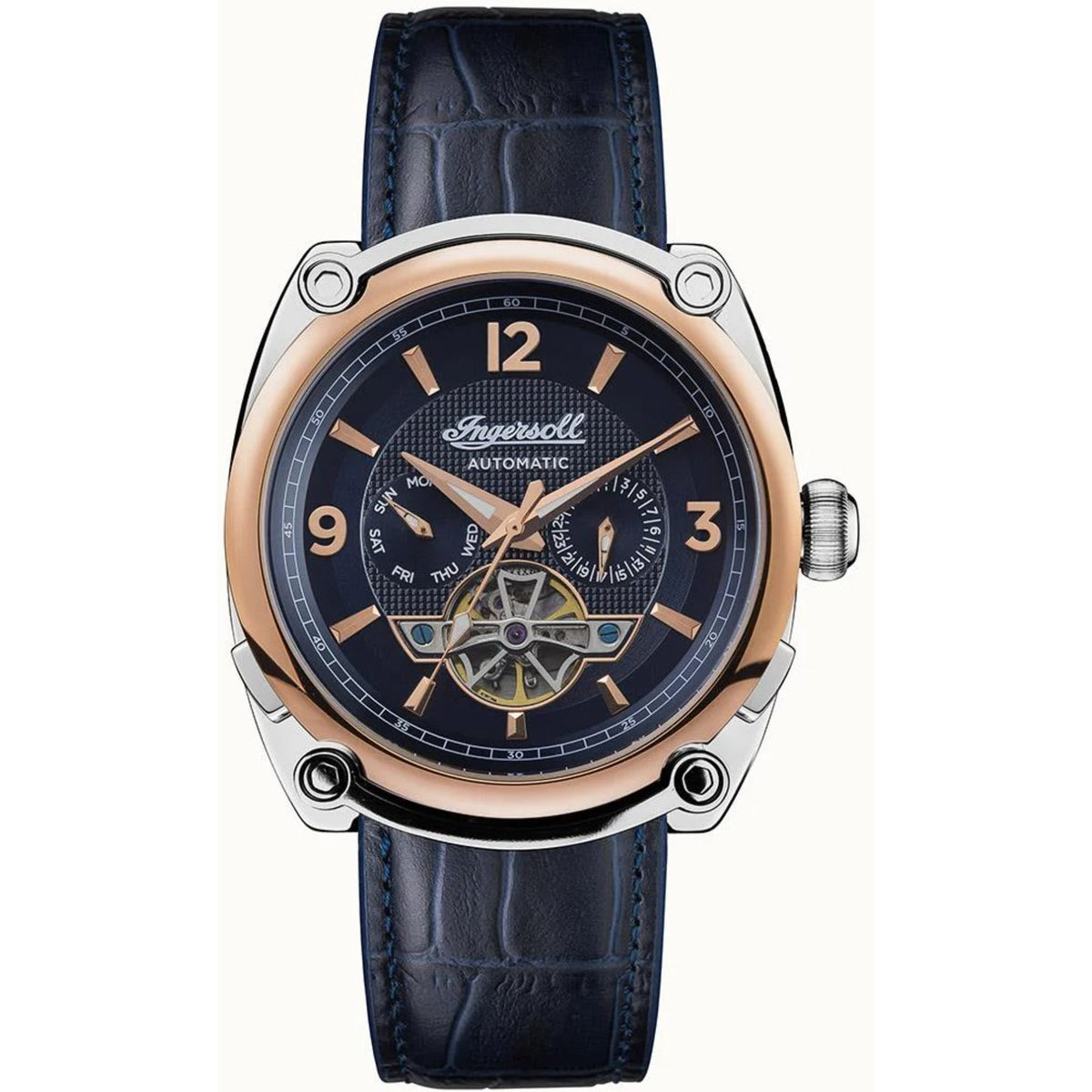 Men's automatic watch with dark blue leather strap, rose-gold case, detailed blue dial