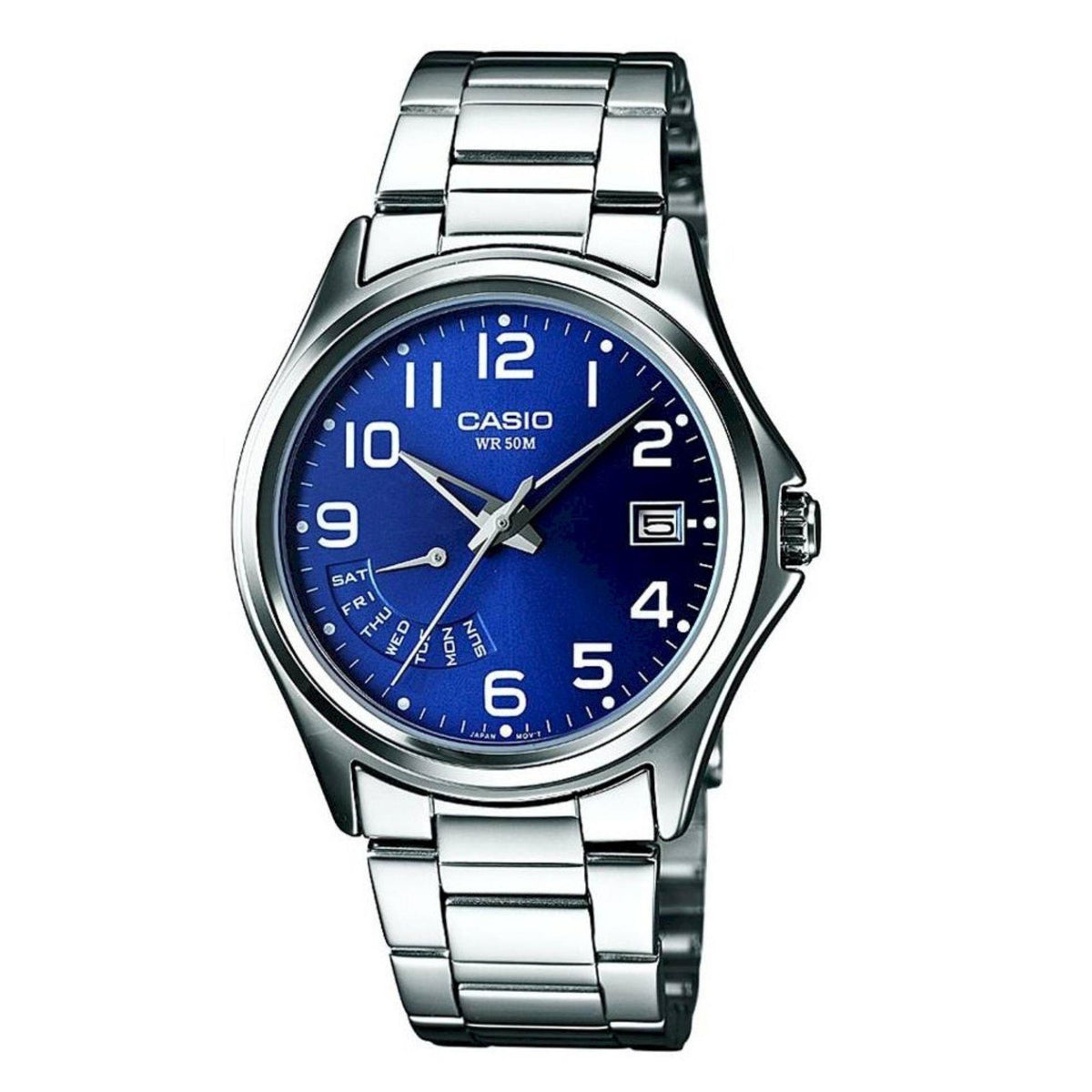 Casio mens steel bracelet watch with round blue dial and silver hour markers