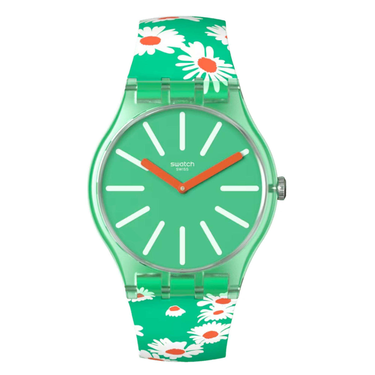 Green quartz ladies watch with floral band, round green dial and orange hands