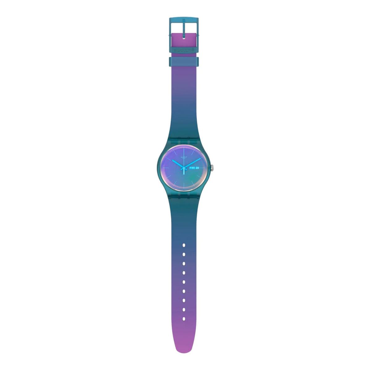 Ladies quartz watch side view with teal and purple silicone strap and round dial
