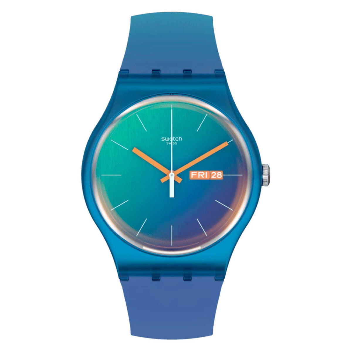 Round quartz watch with teal-to-blue fade dial, blue strap, orange hour markers.