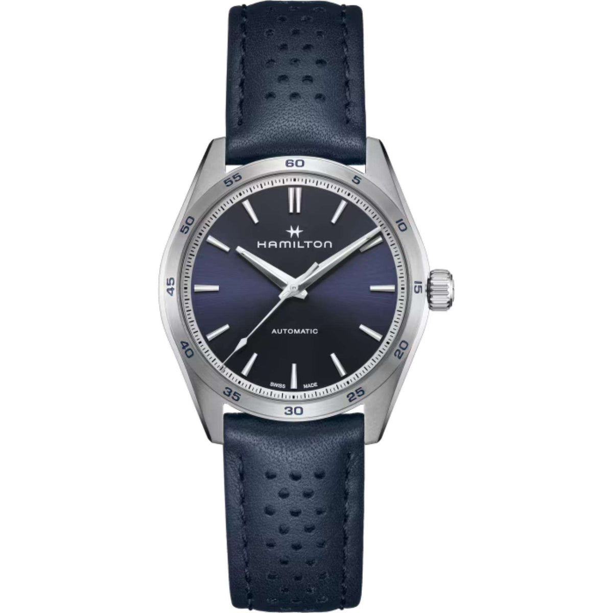 Blue dial automatic watch with dark perforated leather strap and silver bezel