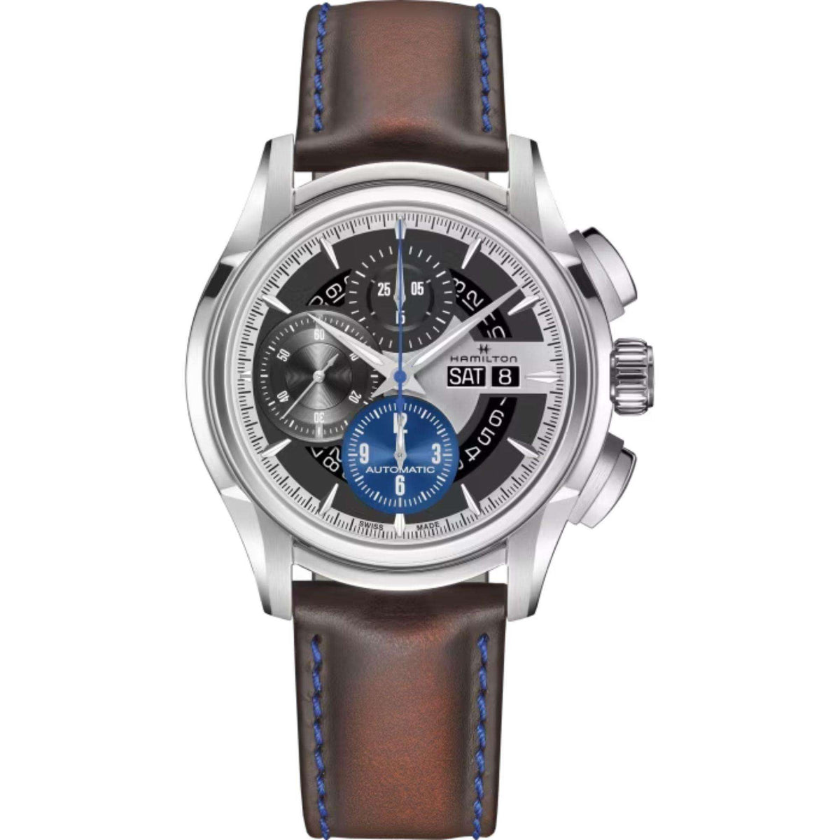 Men's silver automatic wristwatch with brown leather strap, blue subdials, and date window