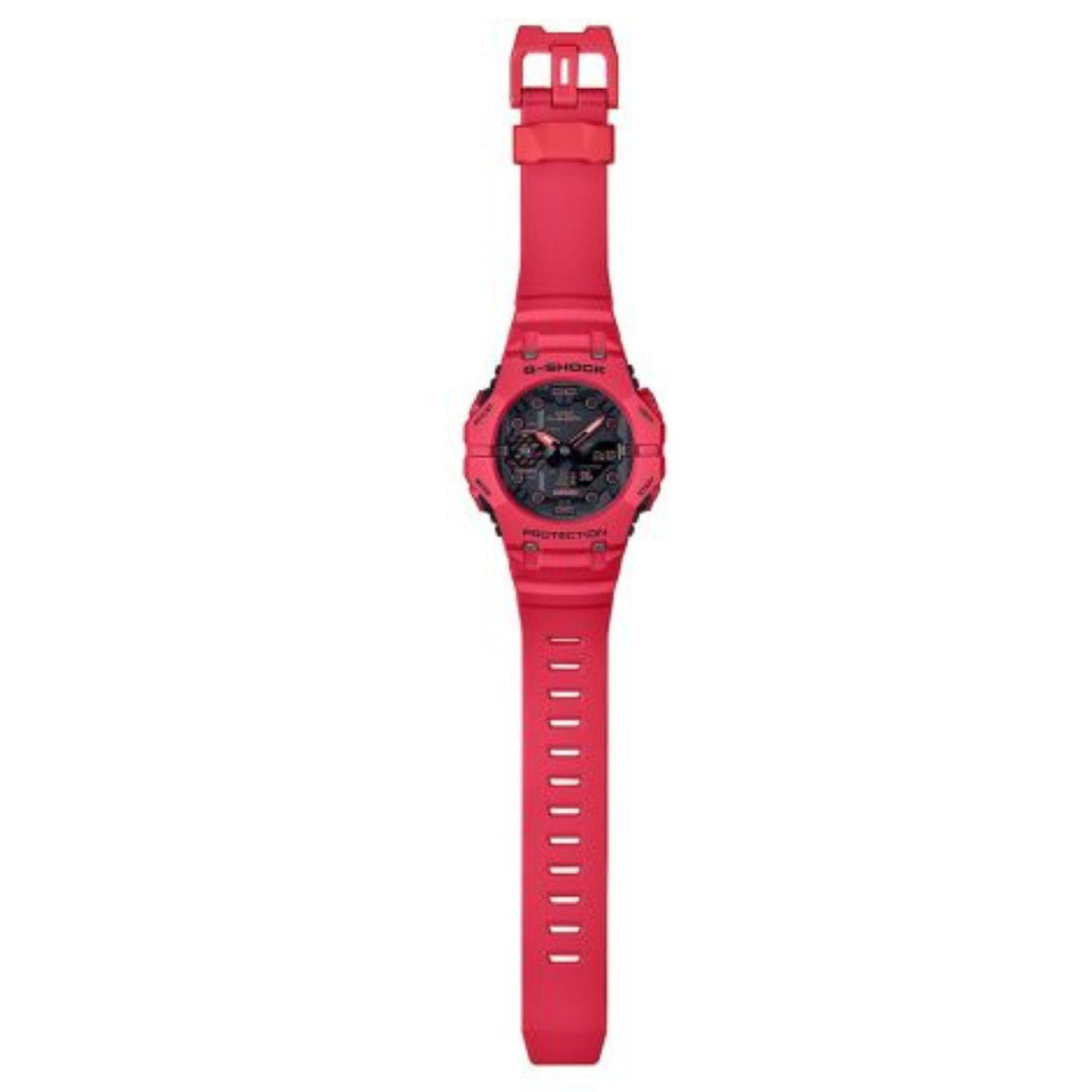 Red G-Shock wristwatch with silicone strap and rectangular buckle