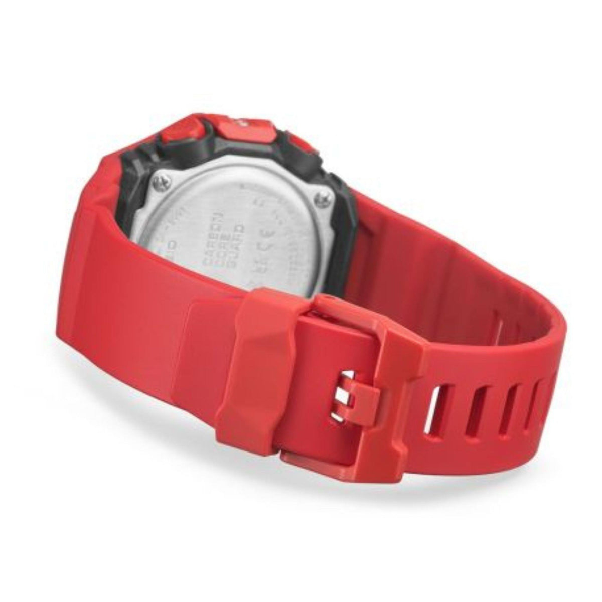 Red G-Shock wristwatch clasp with perforated silicone band