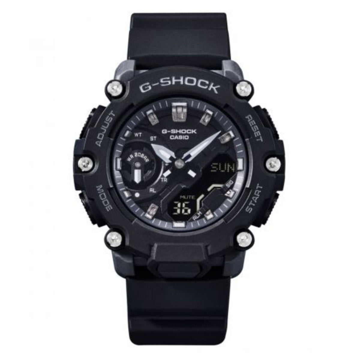 Black dial G-Shock wristwatch with black rubber band, round bezel and multiple subdials