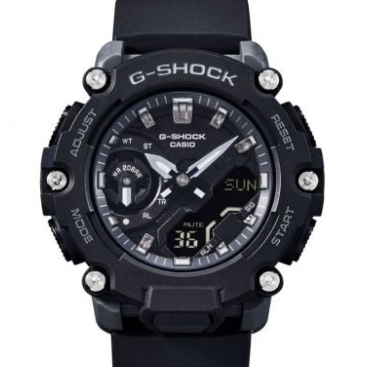 Men's G-Shock wristwatch close view: black dial, silver hour hands, black rubber strap