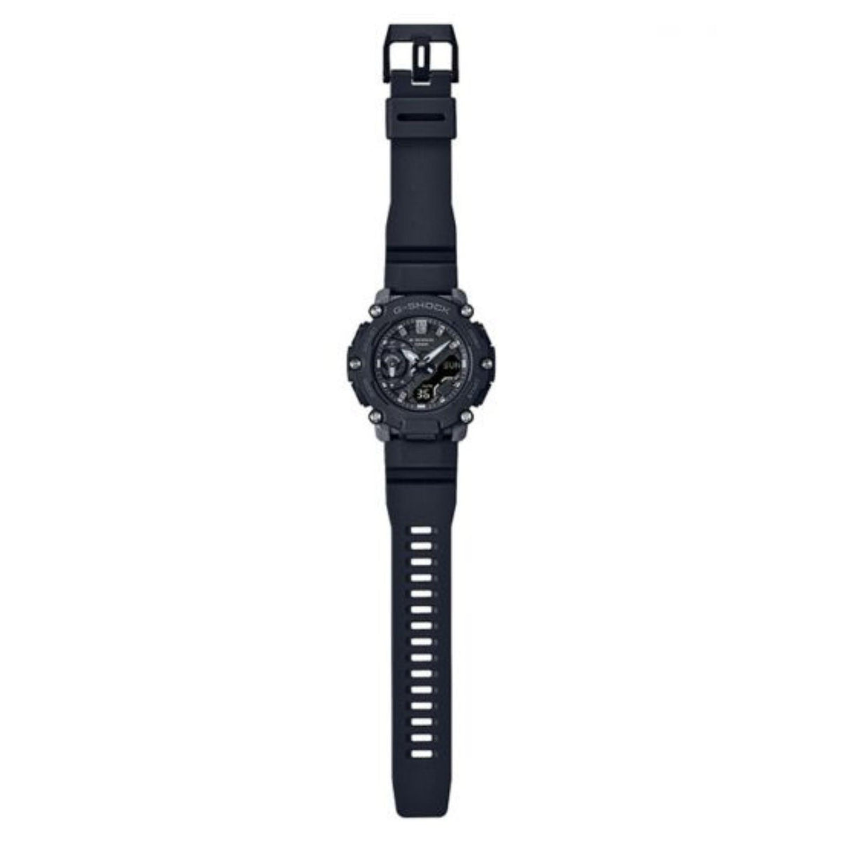 Men's G-Shock wristwatch side view with black rubber strap and round case