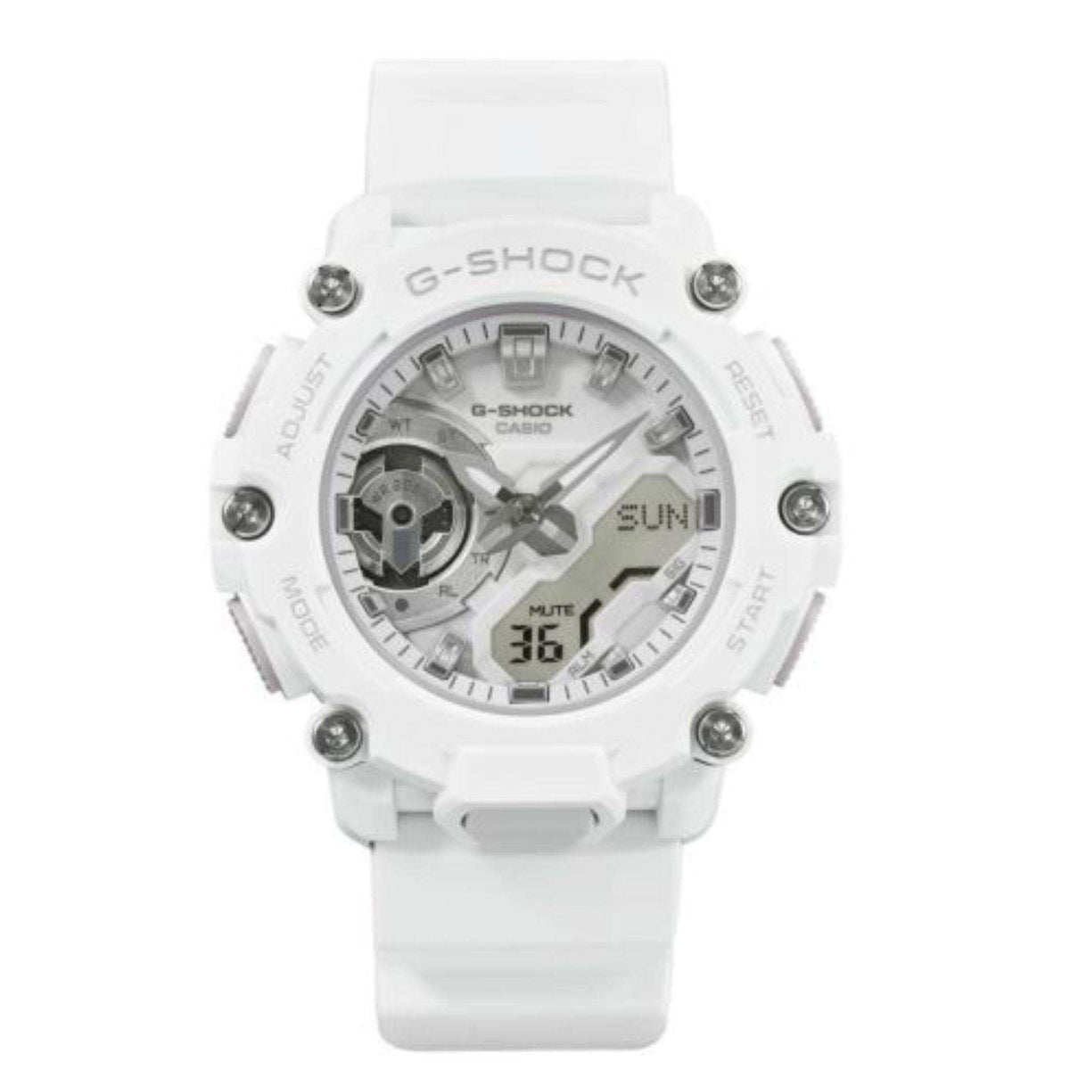 Men's white sports watch with textured bezel details, white dial, and rubber strap