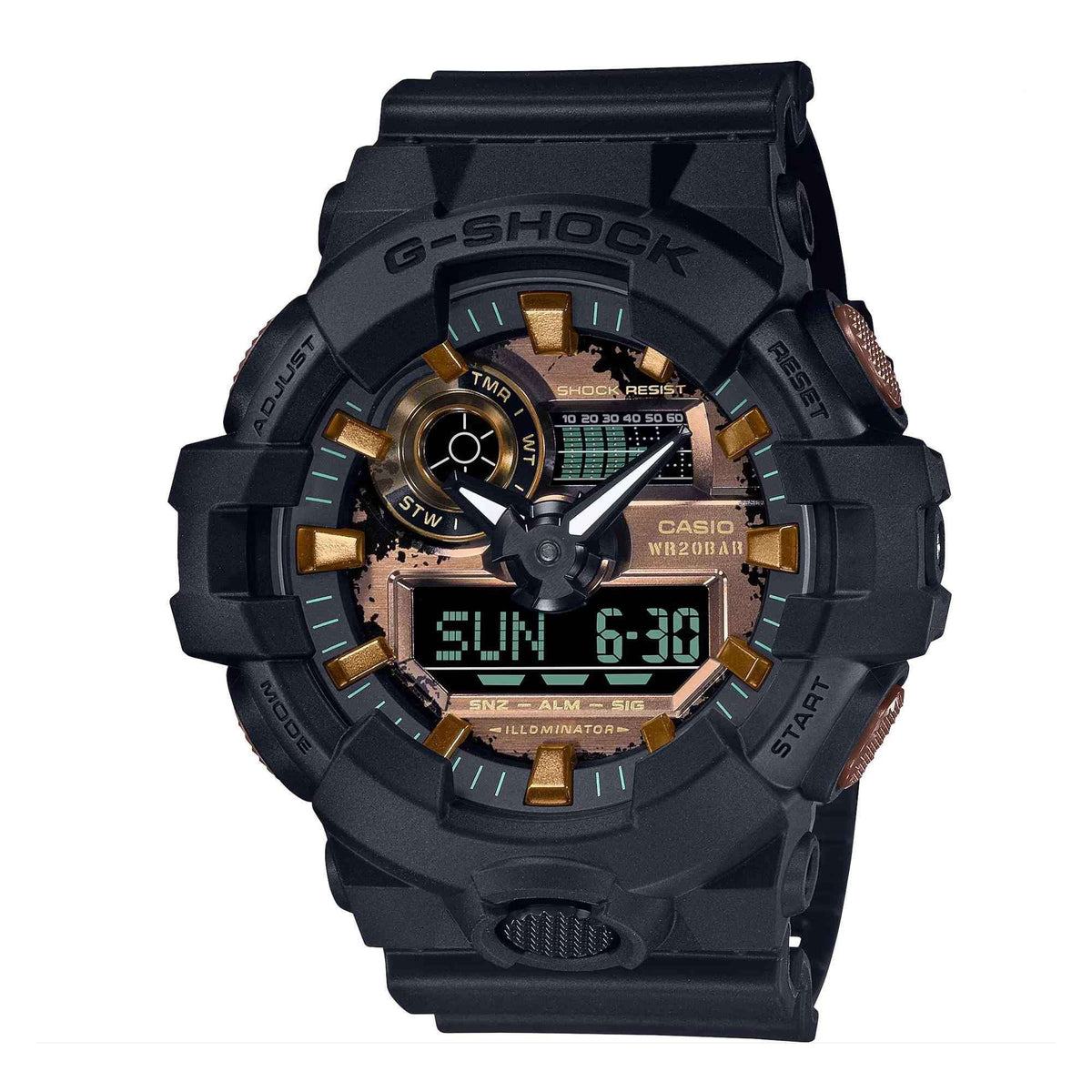 Men's black G-SHOCK digital sport watch with gold accents on rugged bezel, resin strap, Sun 8:30.