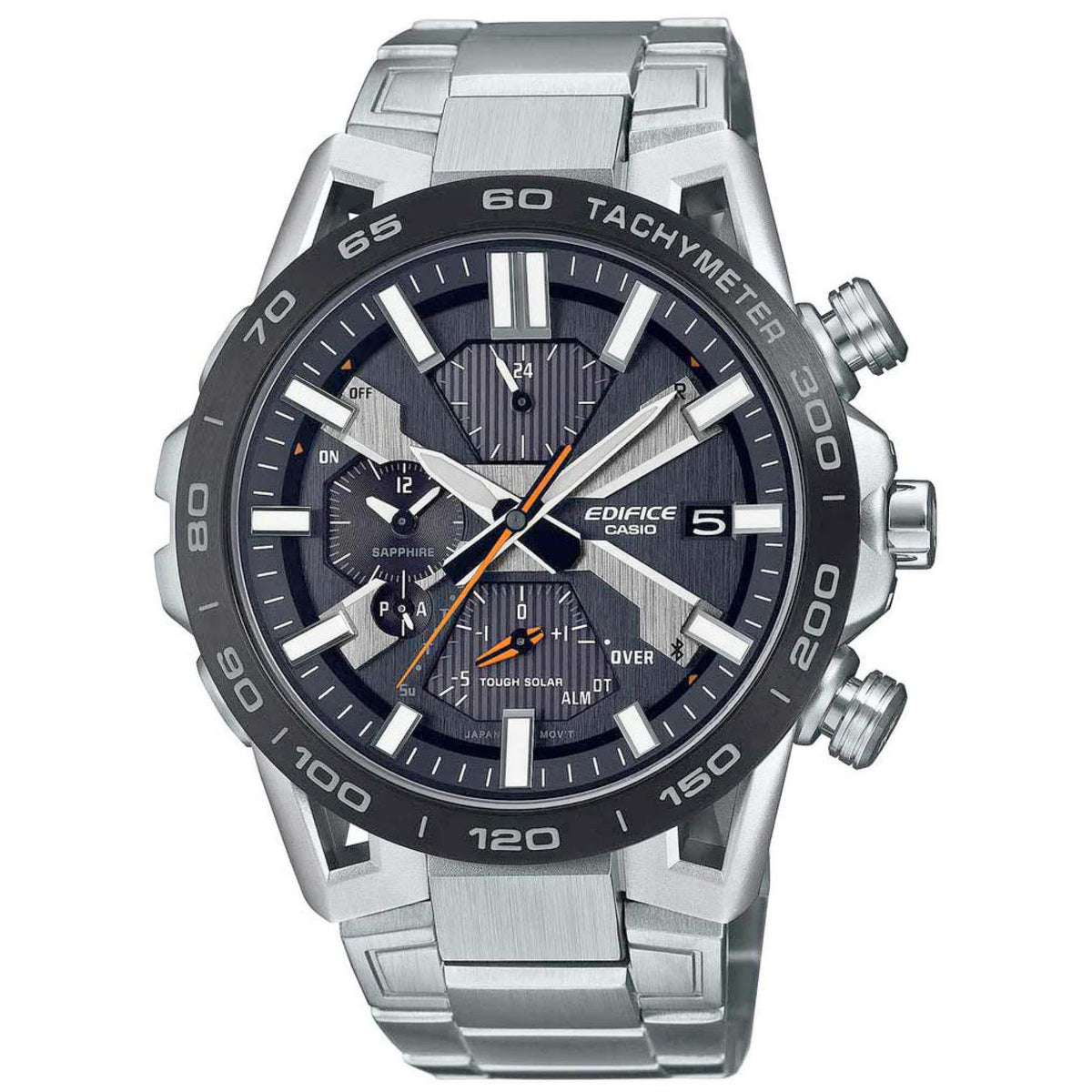 Men's steel chronograph watch with dark blue dial, tachymeter bezel, orange-accented hands
