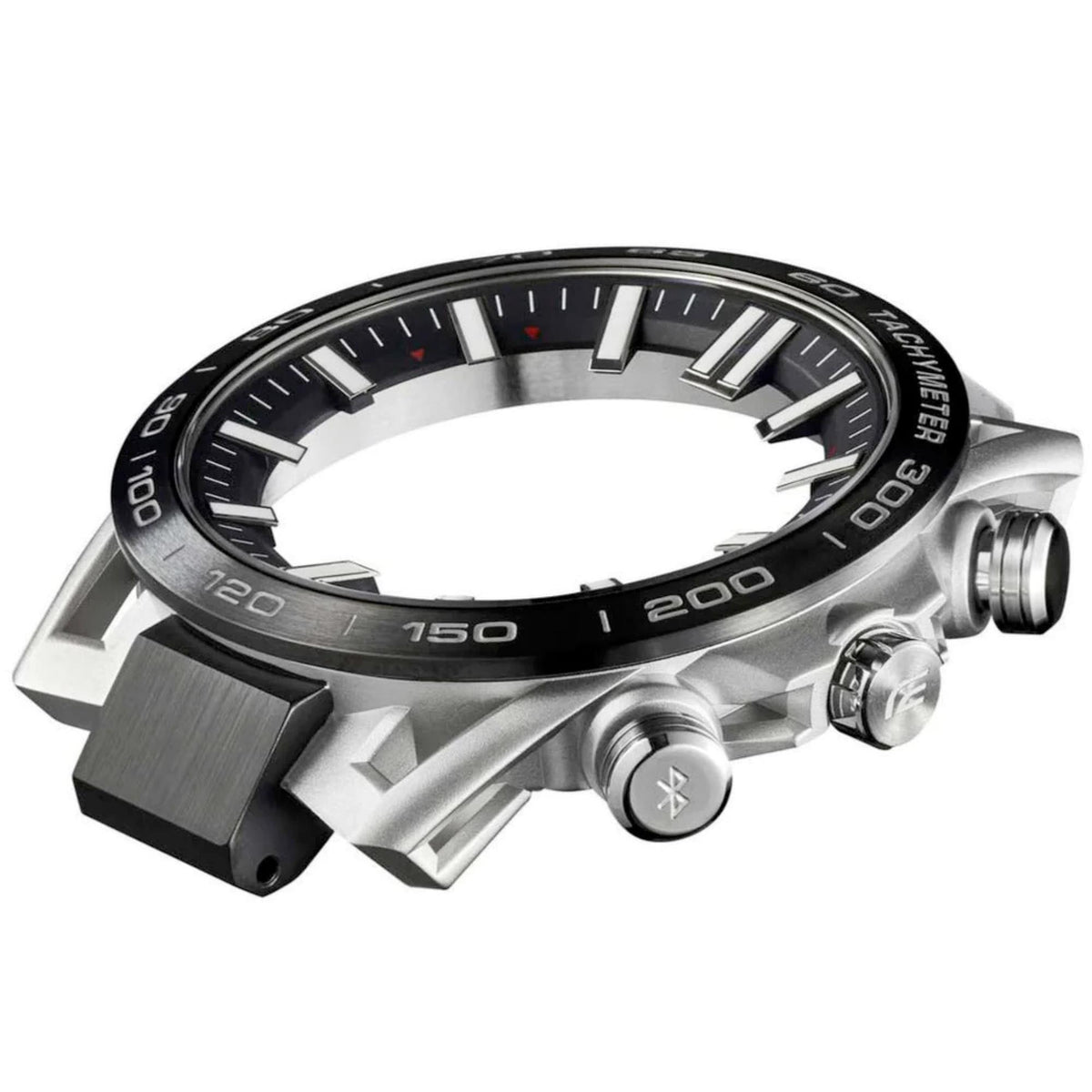 Stainless steel watch case close-up showing black tachymeter bezel and crown