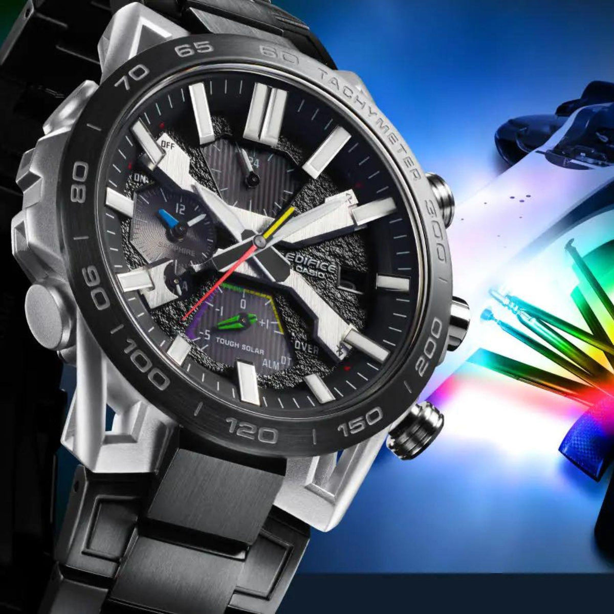 Men's solar Bluetooth chronograph watch with dark grey dial, metal bracelet and bezel