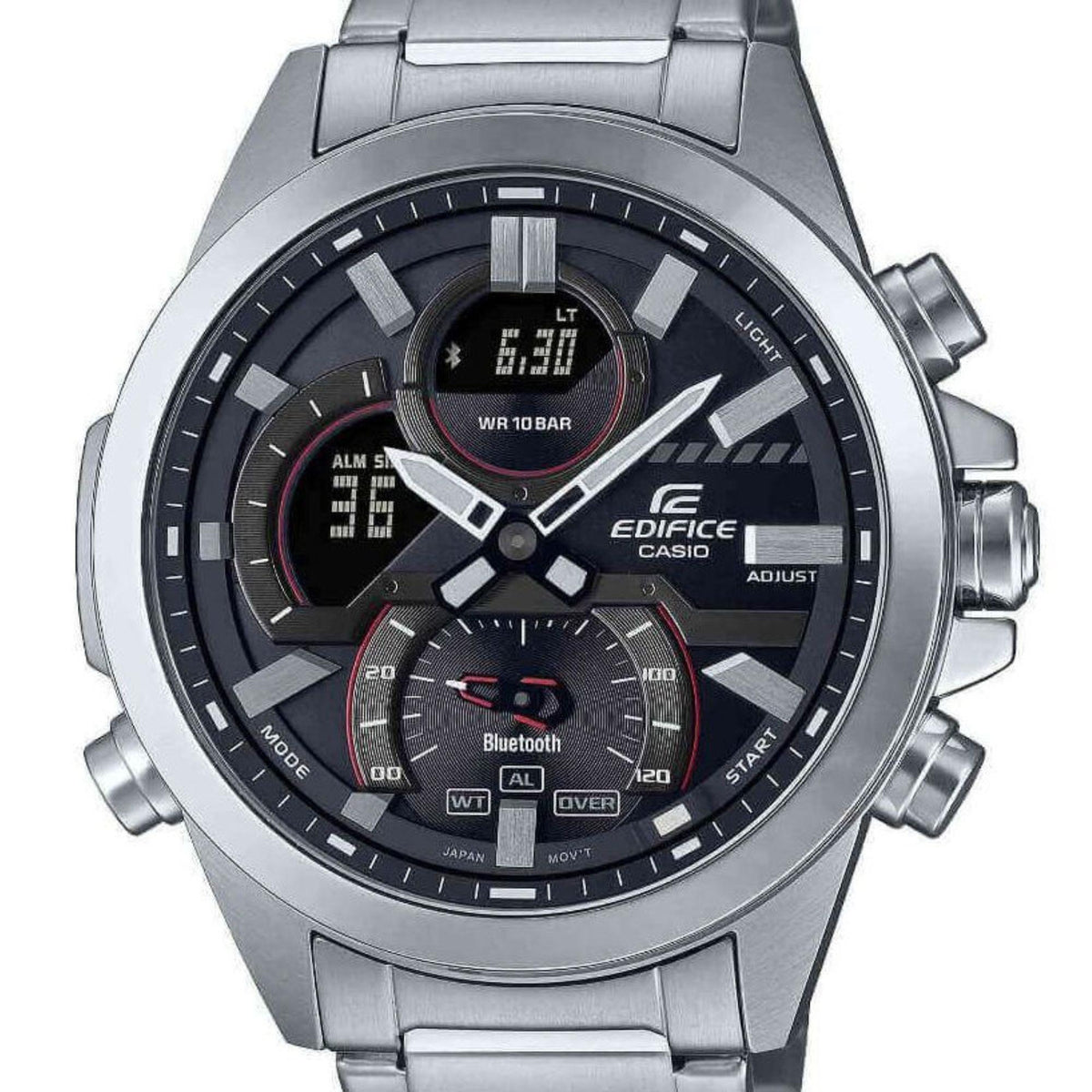 Men's analog-digital Bluetooth watch, black dial with digital sub-dial, steel bracelet