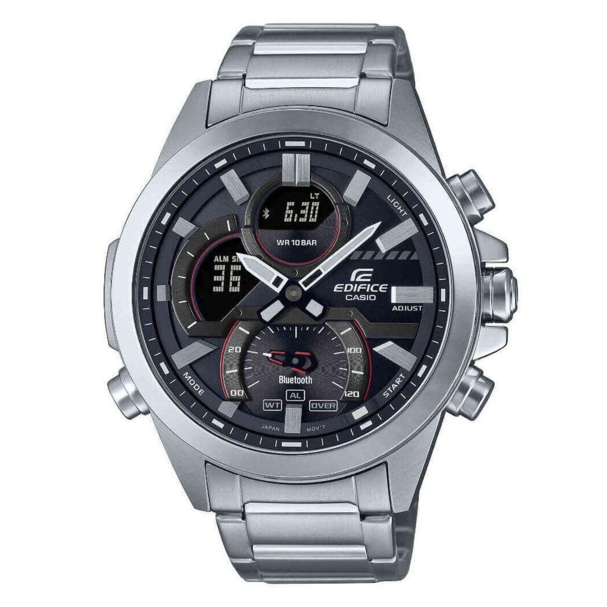 Men's analog-digital watch with black dial, steel link bracelet and crown