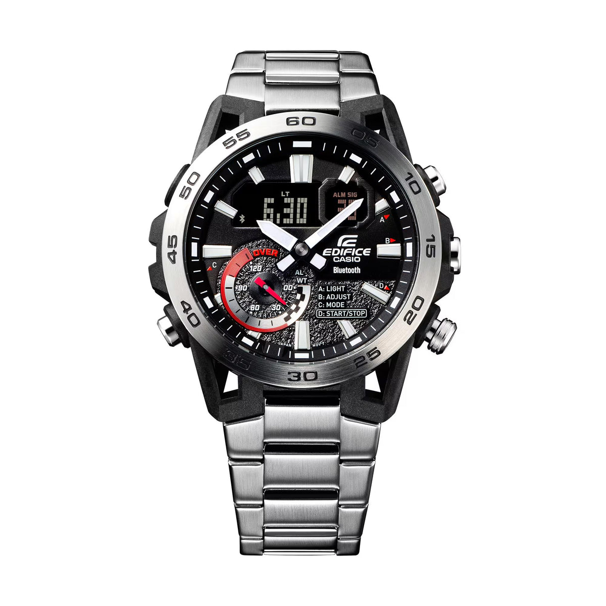 Men's Bluetooth chronograph watch with steel bracelet and black bezel, red center dial accents