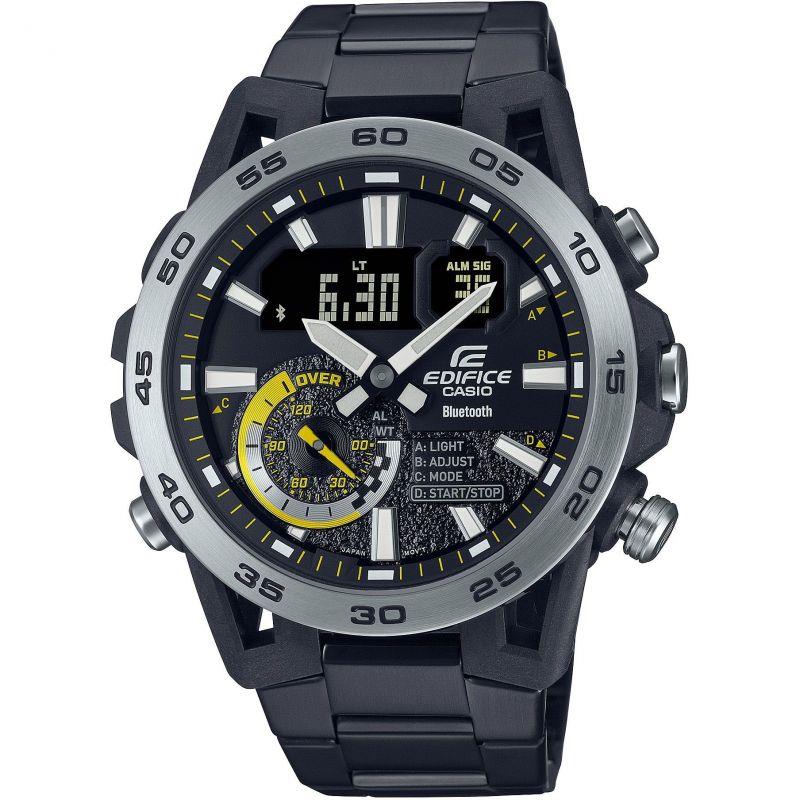 Casio Edifice mens wristwatch with black bezel numbers, silver case edge, and black strap
