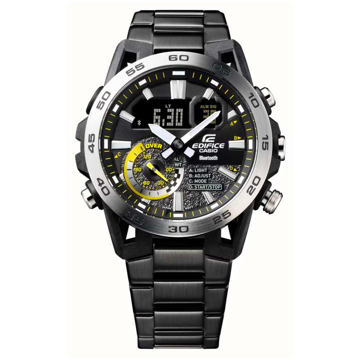 Mens black Casio Edifice watch with full bracelet, silver tone center links, and digital screen