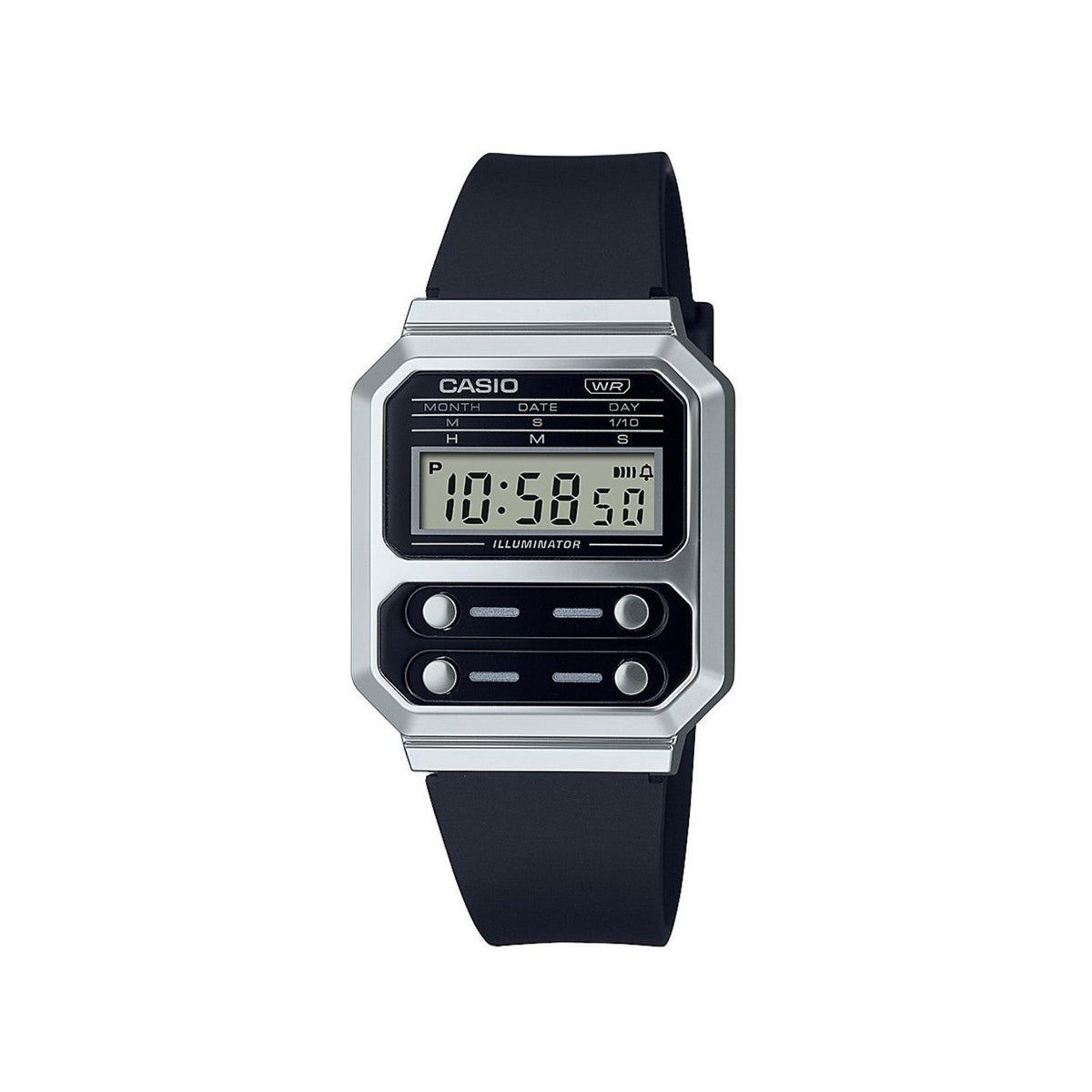 Casio vintage digital watch with black resin strap, silver octagonal case, LCD display