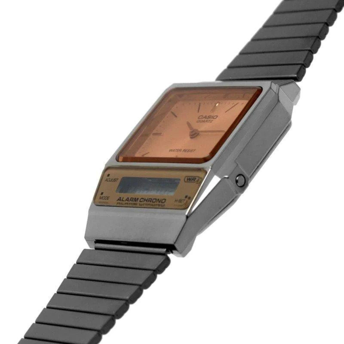 Side view quartz watch with amber orange dial and black link bracelet