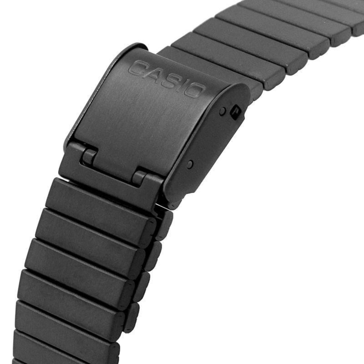 Men's Casio bracelet watch with dark metal strap and rectangular case