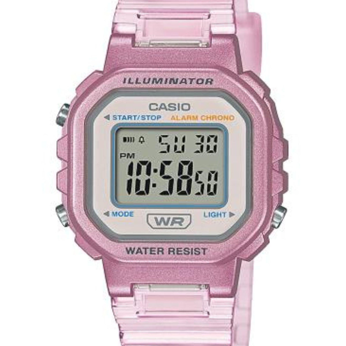Pink Casio digital watch with ILLUMINATOR text on screen, WR, light icon, resin bezel