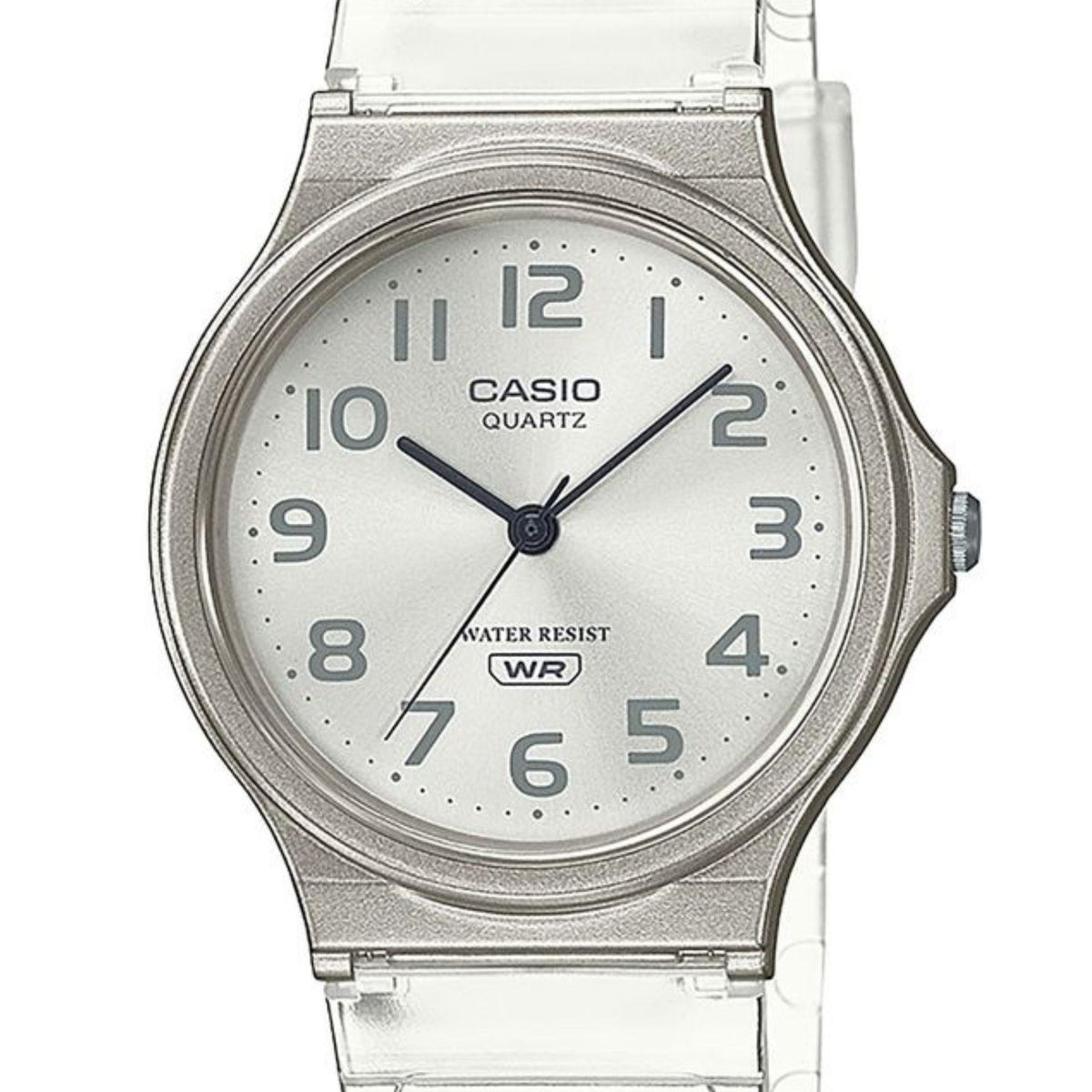 Casio Skeleton Series analog watch close-up, clear strap, silver case, white dial, crown