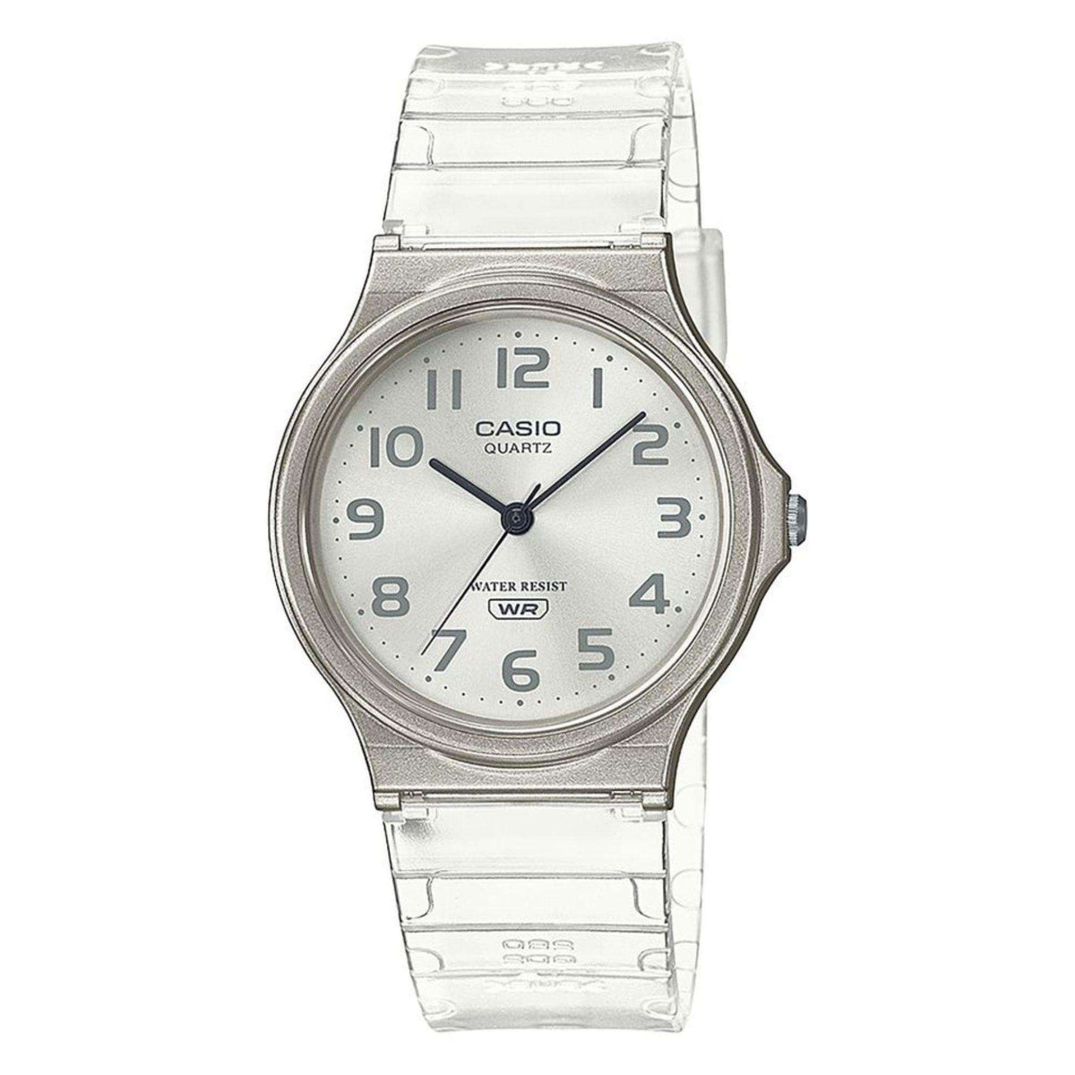 Casio Skeleton Series analog watch with clear band, round silver bezel, white dial, WR