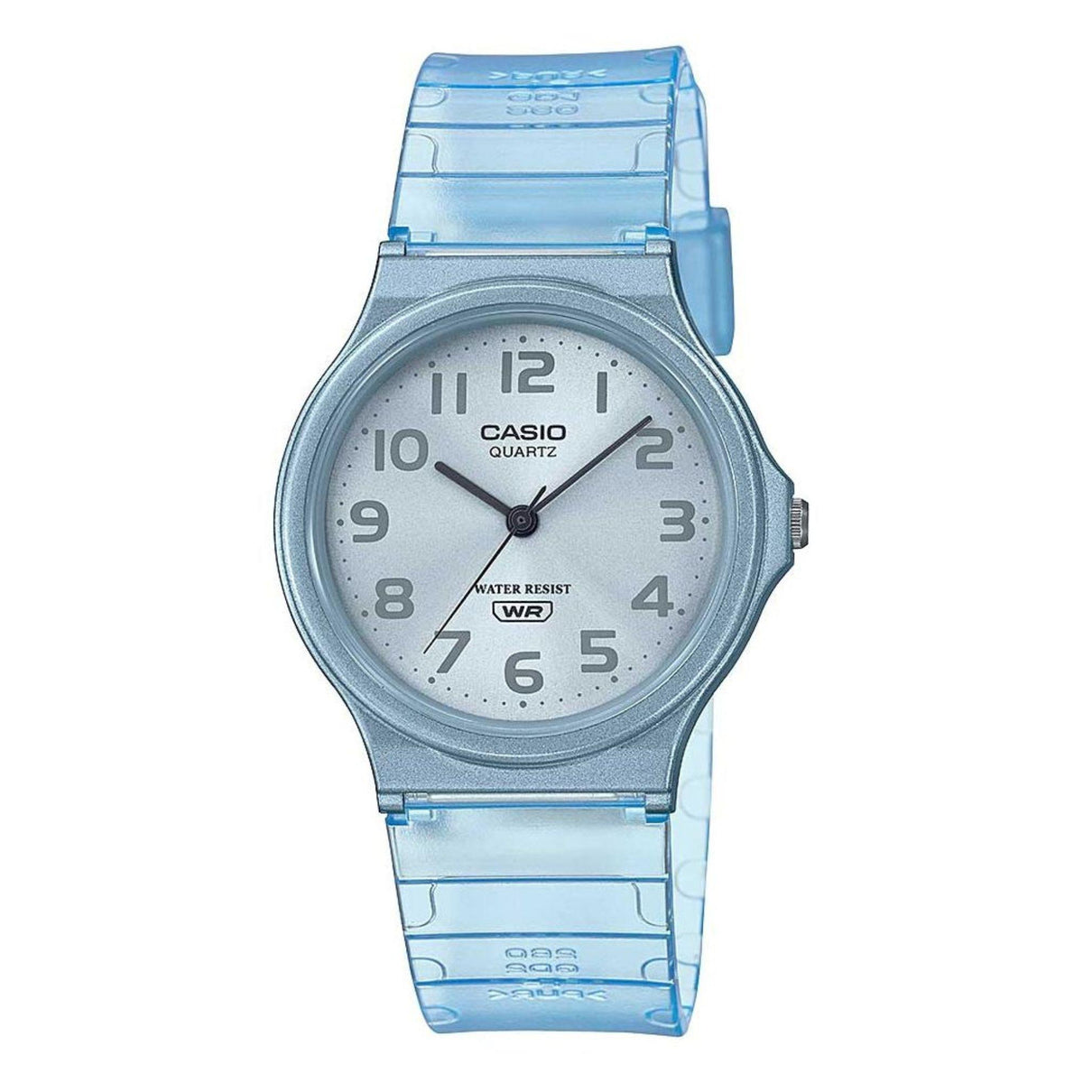 Light blue Casio quartz analog wristwatch with round gray bezel and blue resin band