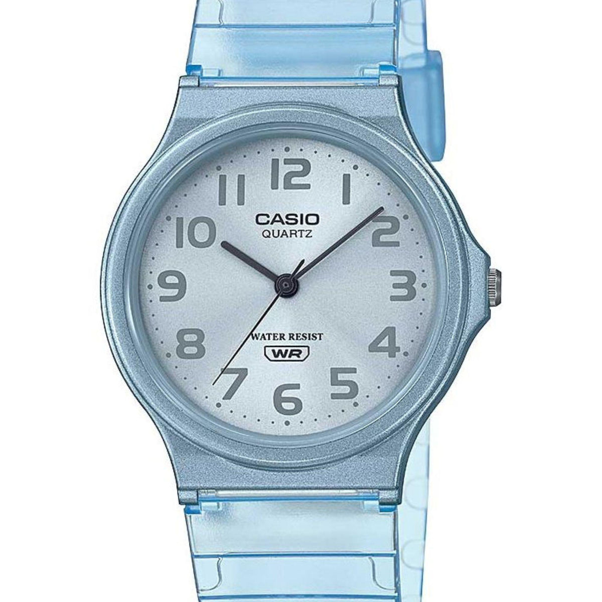 Blue Casio quartz analog watch dial with Arabic numerals, WR mark, and round gray case