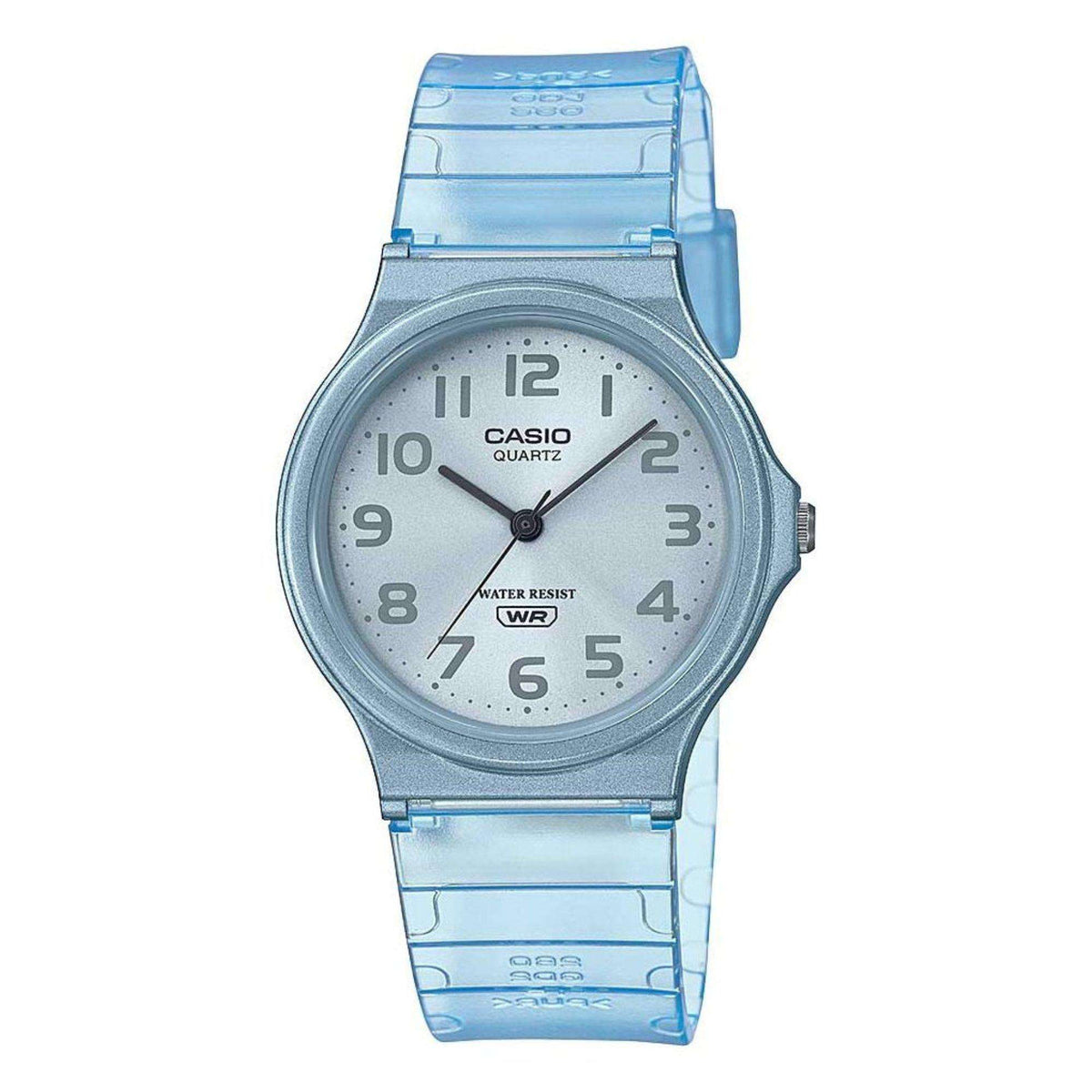 Casio quartz analog wristwatch in light blue with round gray case and resin strap