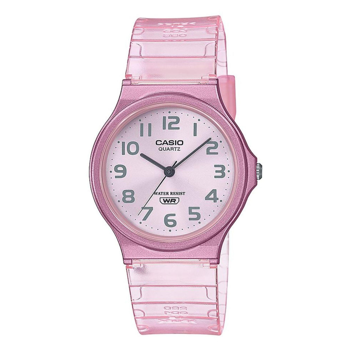 Pink translucent resin round quartz watch with white dial, CASIO text, and water resist WR badge