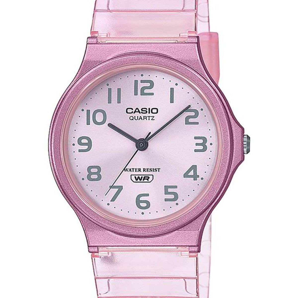 Pink translucent resin watch face showing CASIO QUARTZ and water resist WR