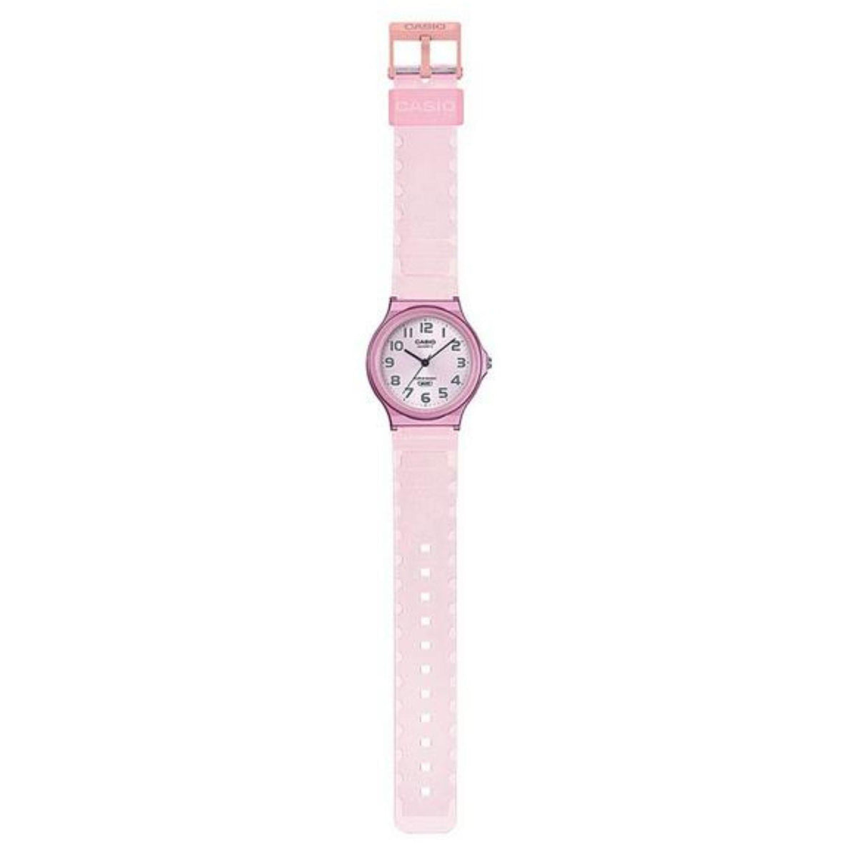 Pink translucent resin strap watch hanging view, small round dial with Arabic numerals