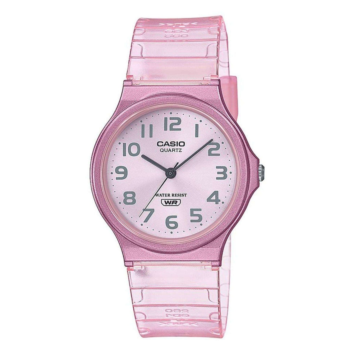 Pink translucent resin quartz wristwatch with white dial, greenish digits, and black pointers