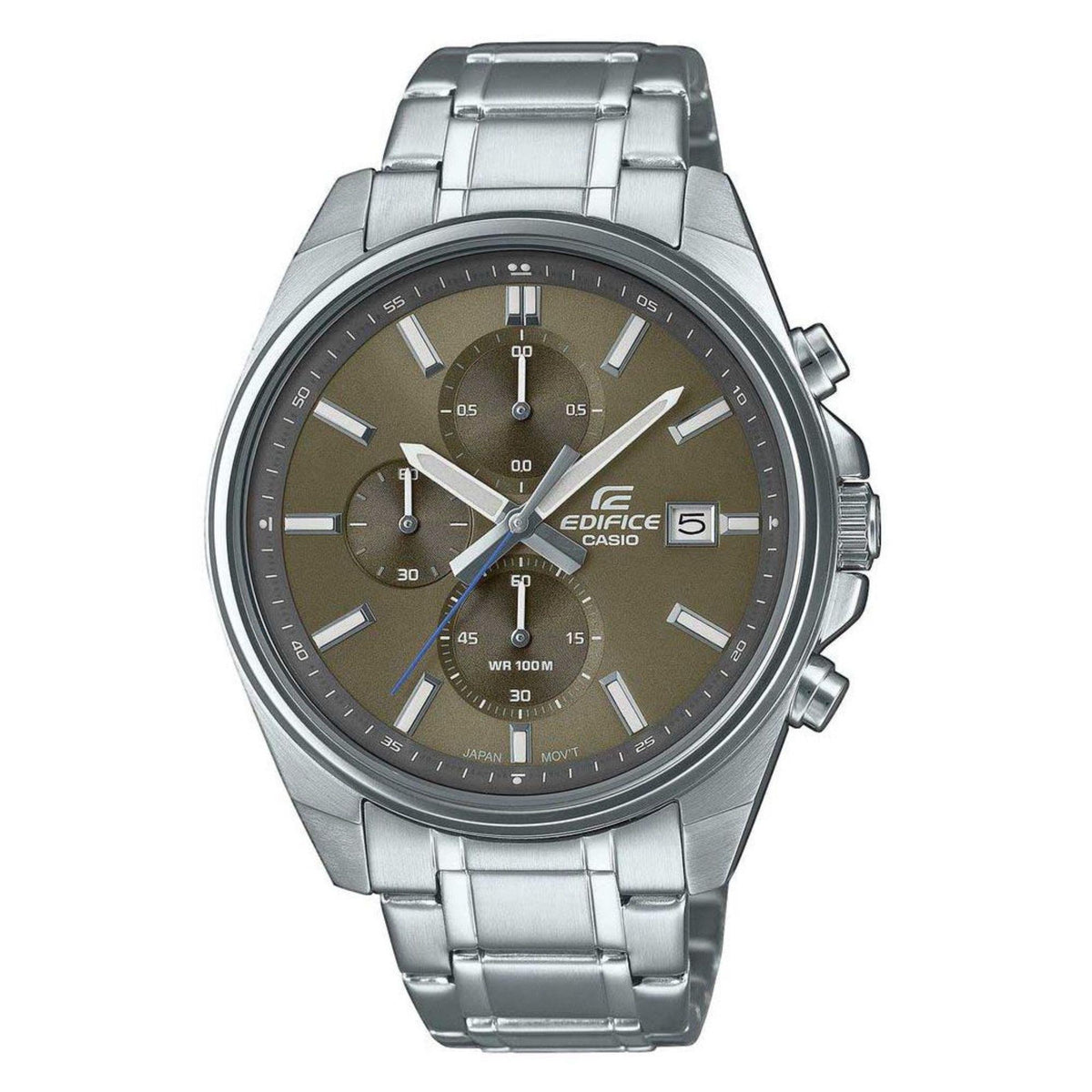 Mens steel bracelet watch with olive bronze dial, silver hands, three subdials, date window