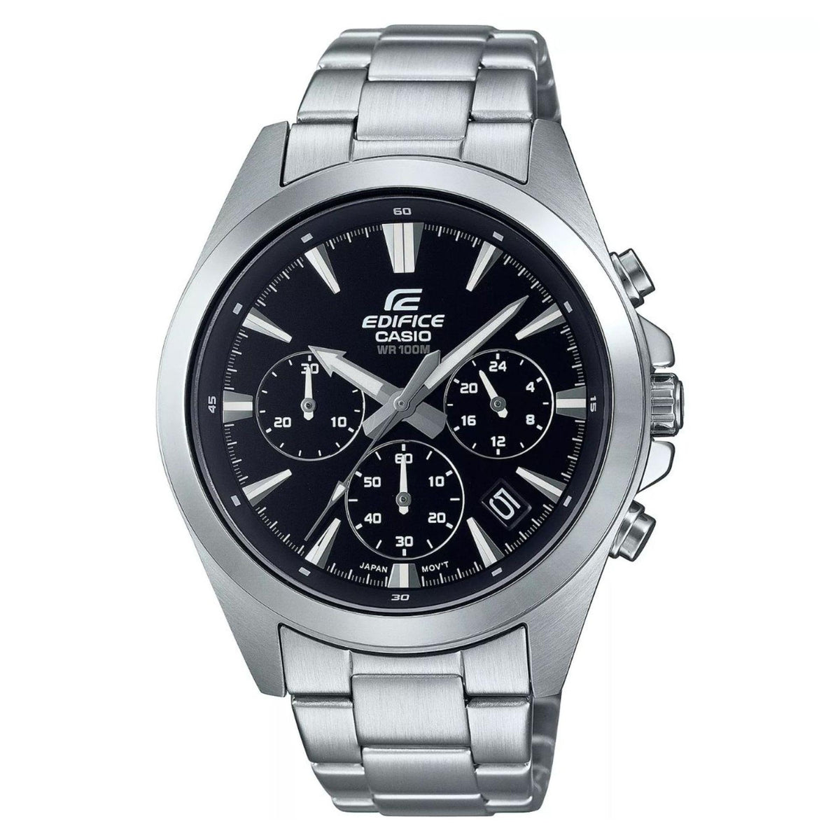 Stainless steel chronograph watch with black dial and metal bracelet, date window at 4 o’clock