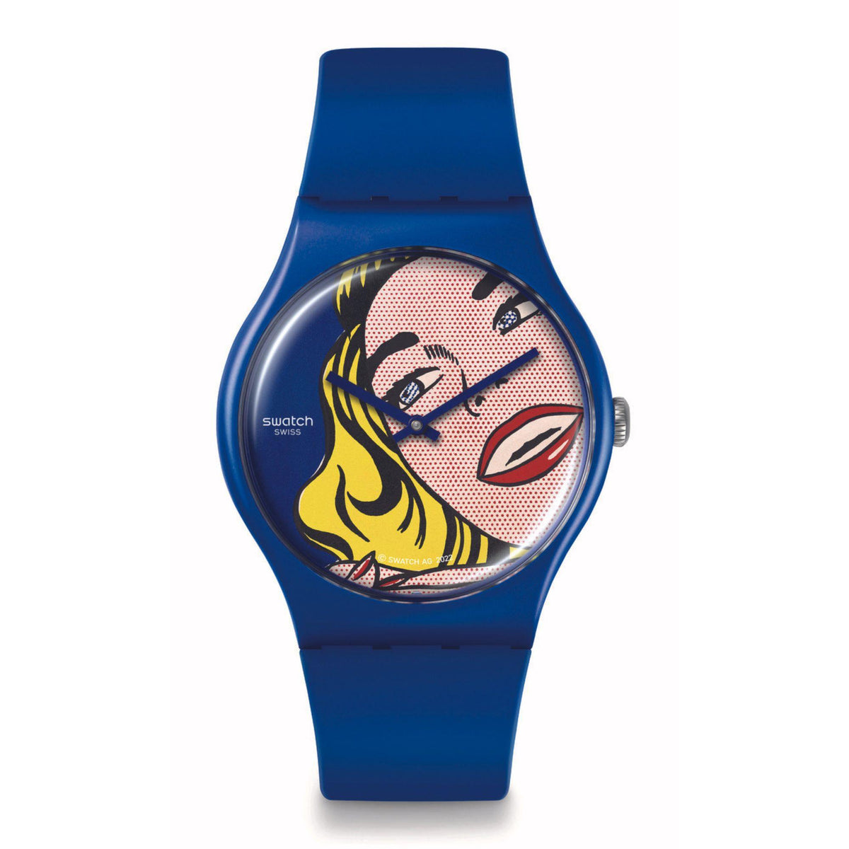 Blue Swatch wristwatch with pop-art girl face dial and round metal case