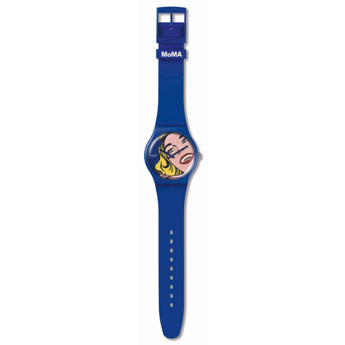 Blue silicone strap Swatch wristwatch, round dial with pop-art girl illustration