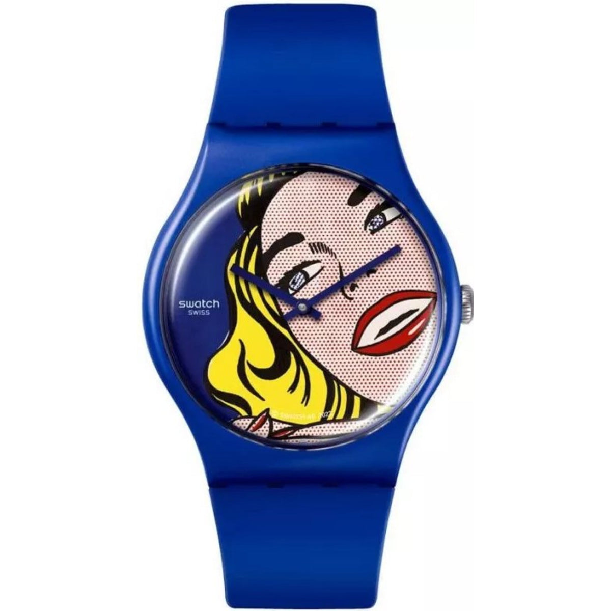 Blue Swatch wristwatch with pop-art girl dial, silver crown on right side