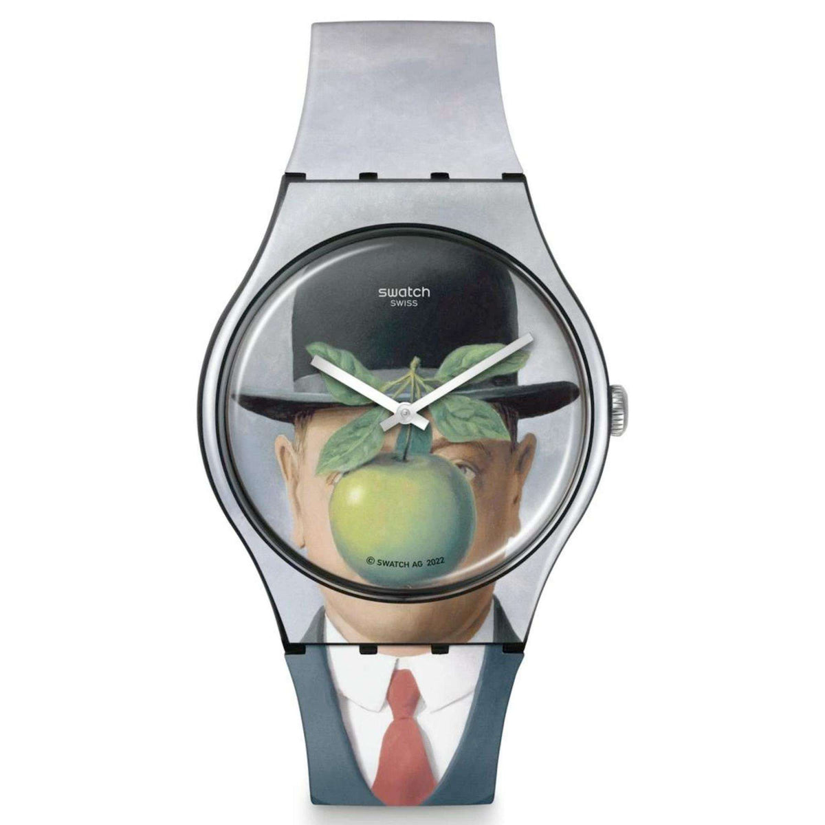 Swatch wristwatch front view with art dial, green hands, and light gray plastic strap