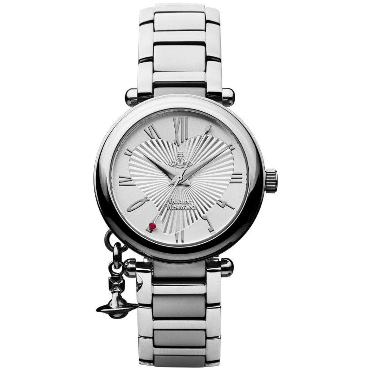 Stainless steel ladies quartz watch featuring white sunburst dial and orb charm detail
