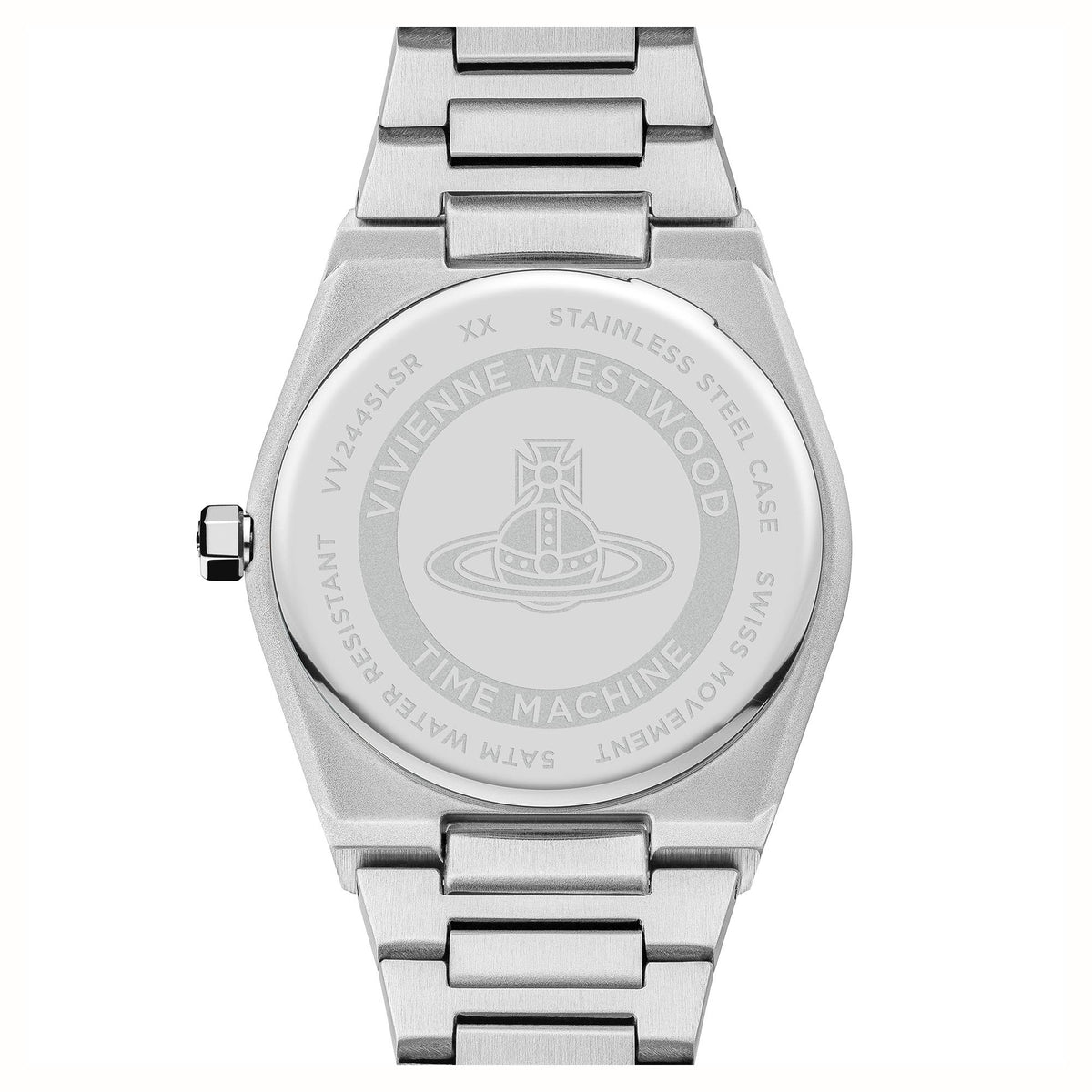 Vivienne Westwood stainless steel watch with engraved back and silver bracelet links