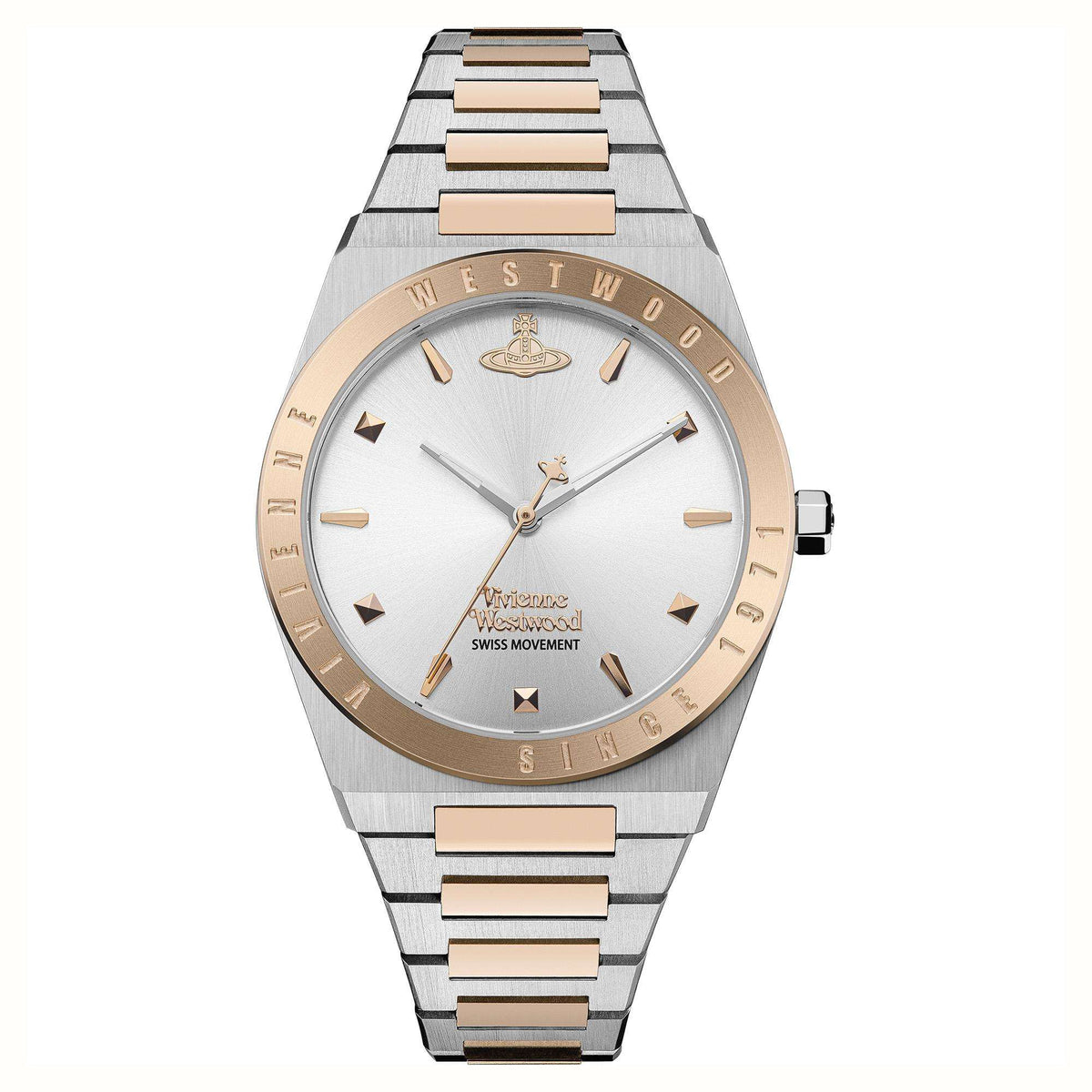 Two-tone stainless steel bracelet watch, silver dial with rose-gold hour markers