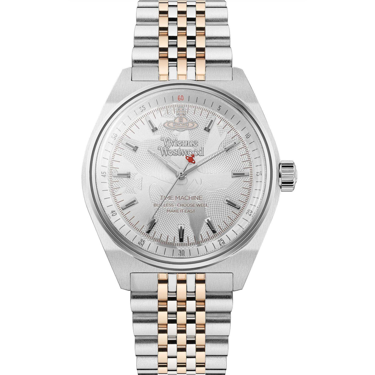 Two-tone stainless steel wristwatch front view, silver dial and gold-tone link center