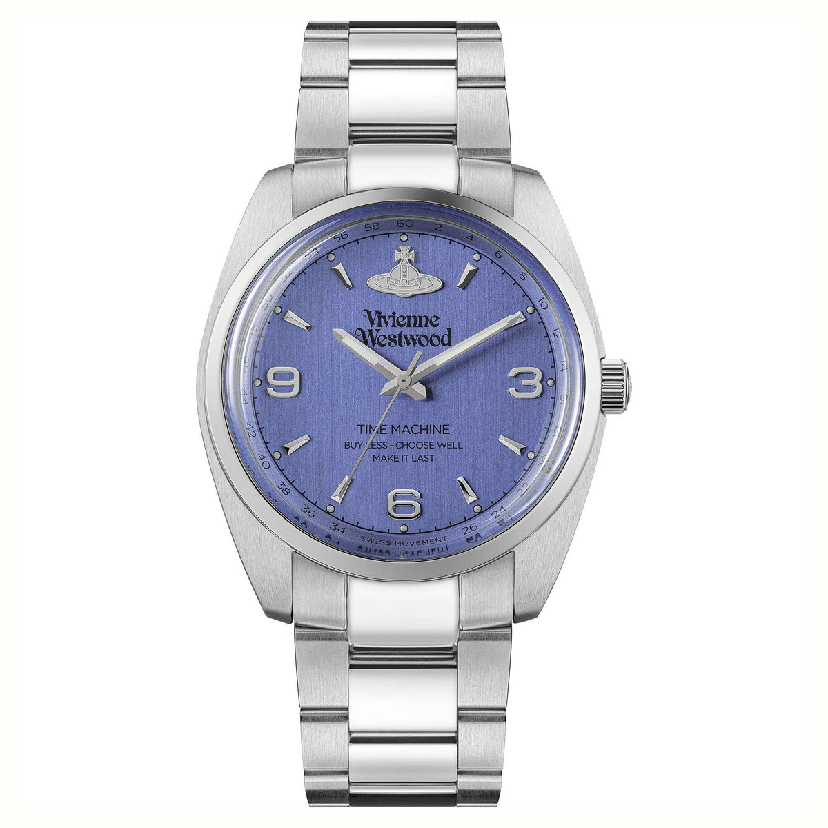 Stainless steel wristwatch with blue dial, gold-toned hands, and logo at center