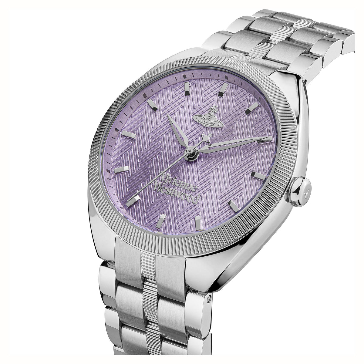 Three-quarter view of purple dial stainless steel bracelet ladies watch with side crown